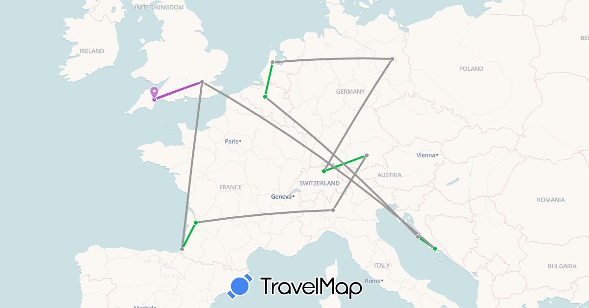 TravelMap itinerary: driving, bus, plane, train in Belgium, Switzerland, Germany, France, United Kingdom, Croatia, Italy, Netherlands (Europe)
